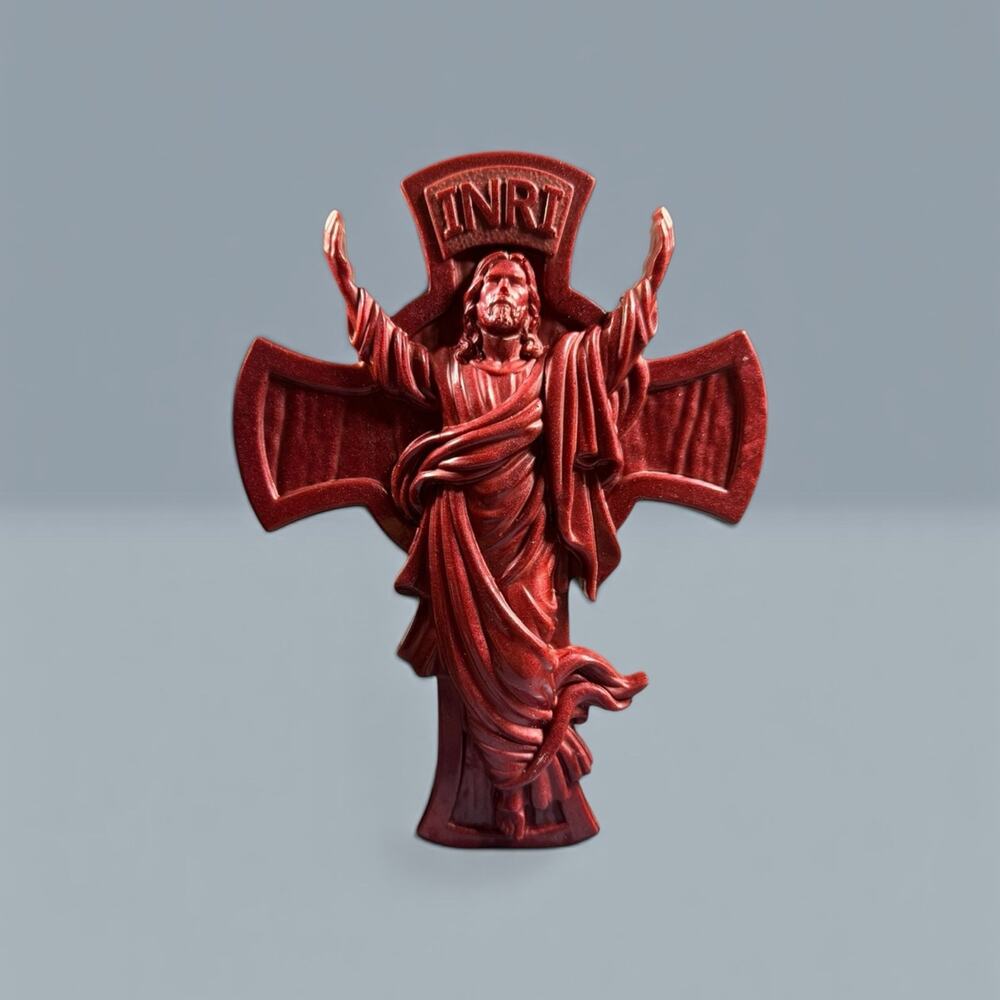 Burgundy Catholic Cross Wall Decor Faith Inspired Home Accent Handcrafted Resin - Picture 2 of 5